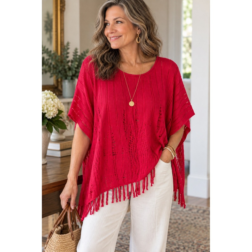 Chico's Baja Fringe Pullover Sweater Red Open Knit Boho NWT Size 2 L